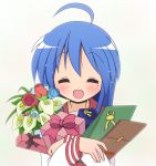  blue_hair bouquet closed_eyes flower gift holding holding_gift izumi_konata long_hair lucky_star mel_(artist) school_uniform 