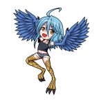  1girl :d ahoge aoba_kino blue_hair chibi feathered_wings full_body harpy monster_girl monster_musume_no_iru_nichijou navel open_mouth orange_eyes papi_(monster_musume) short_shorts shorts simple_background small_breasts smile solo talons white_background wings 