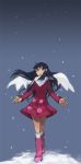  black_hair boots dress hikari_(pokemon) hikari_(pokemon)_(remake) long_hair no_hat no_headwear obo pokemon pokemon_(game) pokemon_dppt scarf snow snow_boots snowing solo wings 