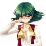  bespectacled breasts cleavage glasses green_hair kazami_yuuka narumizg red_eyes short_hair simple_background smile solo sweat touhou untied vest 