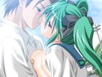  aikawa_yukari amakara_twins blue_eyes blush bow game_cg green_hair incipient_kiss kiss romantic seifuku trap twintails 