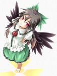  arms_behind_back barefoot black_hair blush bow frilled_skirt frills frilly_skirt hair_bow long_hair looking_up mochi.f red_eyes reiuji_utsuho short_sleeves skirt smile solo standing_on_one_leg touhou wings 