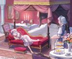  armchair barefoot bat_wings bed bedroom book braid candelabra canopy_bed carpet clock closed_eyes couch cup esukee flower food footstool hat izayoi_sakuya lavender_hair maid maid_headdress multiple_girls pastry picture remilia_scarlet short_hair silver_hair sleeping smile teacup touhou twin_braids vase wings 