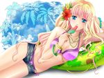  blonde_hair blue_eyes bracelet breasts cleavage denim denim_shorts flower hair_flower hair_ornament hibiscus hot_pants jewelry long_hair macross macross_frontier necklace o-ring_bottom palm_tree popsicle sheryl_nome short_shorts shorts suika_bar summer swimsuit swimsuit_under_swimsuit tamari_(flawless) tree unbuttoned unzipped 