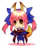  animal_ears caster_(fate/extra) chibi fate/extra fate/stay_night fate_(series) fox_ears fox_tail hair_ribbon japanese_clothes mgk968 pink_hair ribbon solo tail thigh-highs thighhighs twintails yellow_eyes zettai_ryouiki 