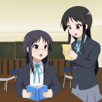  2girls akiyama_mio black_eyes black_hair book extra girl_behind_mio_at_opening_ceremony_(k-on!) glasses k-on! long_hair qwer school_desk 