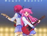 angel_beats! back-to-back fuyuichi guitar instrument iwasawa long_hair pink_eyes pink_hair red_eyes school_uniform serafuku short_hair sleeves_rolled_up thighhighs yui_(angel_beats!) 