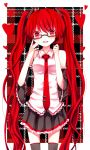  adjusting_glasses alternate_color alternate_hair_color bad_id bespectacled detached_sleeves glasses hatsune_miku heart long_hair nakatambo nakatanbo necktie open_mouth plaid red_eyes red_hair redhead skirt smile solo thigh-highs thighhighs twintails very_long_hair vocaloid zettai_ryouiki 