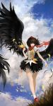  black_hair brown_hair cloud clouds fenrir_(buzhidaoshishuei) fenrir_(pixiv926116) hat highres large_wings legs red_eyes scarf shameimaru_aya short_hair skirt sky smile solo tokin_hat touhou wings 