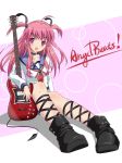  alucard_(artist) angel_beats! ankle_lace-up choker cross-laced_footwear demon_tail fang guitar instrument long_hair open_mouth pink_eyes pink_hair school_uniform serafuku shoes short_twintails solo tail thigh_strap twintails yui_(angel_beats!) 
