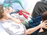  aikawa_yukari amakara_twins blush flat_chest game_cg green_hair kissing seifuku thigh-highs trap twintails 