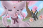   ^_^ blush cherrim cherry_blossoms clouds collar dutch_angle espeon grass happy mouth_hold no_humans open_mouth petals pokemon sky smile tears tree umbreon  