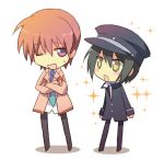  angel_beats! brown_hair chibi crossed_arms green_hair hat male naoi_ayato otonashi_(angel_beats!) pink_eyes school_uniform short_hair wink yellow_eyes 