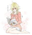  blonde_hair book buster_sword fantasysky_(pixiv662864) feet female final_fantasy final_fantasy_vii final_fantasy_vii_advent_children first_ken gijinka long_hair miniskirt personification red_eyes shinzui_(fantasysky7) sitting sketch skirt solo sweater translated 