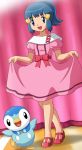  1girl blue_hair bowtie curtsey dress hikari_(pokemon) open_mouth pink_dress piplup pokemoa pokemon pokemon_(anime) pokemon_(creature) ponytail ribbon smile 