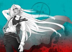  blood blue_eyes glasses gloves hellsing holster integra_hellsing solid&amp;etc solo tagme white_hair 