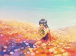  blue_hair closed_eyes flower hikari_(pokemon) hug nishio pokemon scarf shaymin sitting skirt sky wallpaper 