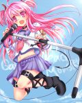  ankle_lace-up boots choker cross-laced_footwear fang jumping long_hair microphone microphone_stand pink_eyes pink_hair rai_(artist) school_uniform serafuku thigh_strap twintails yui_(angel_beats!) 