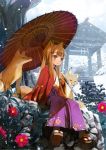  animal_ears blush brown_hair camellia_(flower) floral_print flower fox fox_ears fox_tail geta hair_ornament hairclip hairpin hakama haori highres japanese_clothes kimono long_hair obi open_mouth oriental_umbrella original red_eyes shiden sitting snow solo tabi tail tengu-geta tree umbrella winter 