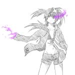  1girl amputee asymmetrical_hair bikini_top black_hair black_rock_shooter drawfag flat_chest frown hair_ornament hand_in_pocket hooded_jacket insane_black_rock_shooter long_hair midriff monochrome navel open_clothes open_fly open_jacket purple_flame shorts solo spot_color twintails uneven_twintails unzipped 