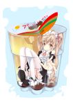  brown_eyes brown_hair cup dress foreshortening garter_straps girl_in_a_cup hair_ribbon in_container in_cup long_hair maid maid_headdress minigirl natsuki_yuu original panties pudding ribbon solo thigh-highs thighhighs twintails underwear very_long_hair 
