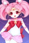  1girl :d bishoujo_senshi_sailor_moon bow brooch chibi_usa choker cowboy_shot double_bun elbow_gloves gloves hair_ornament hairpin heart heart_of_string highres jewelry koll looking_at_viewer open_mouth pink_hair pink_skirt pleated_skirt purple_background red_bow red_eyes sailor_chibi_moon sailor_collar short_hair skirt smile solo standing tiara twintails white_gloves 
