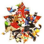  1boy 1girl black_legwear blonde_hair calme_(pokemon) chespin fennekin fletchling froakie gogoat helioptile highres long_hair naru_(andante) pancham pleated_skirt pokemon pokemon_(creature) pokemon_(game) pokemon_xy serena_(pokemon) skirt star sunglasses sunglasses_on_head sylveon thigh-highs 