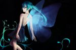  bare_legs bare_shoulders dress fairy hatsune_miku looking_back simple_background solo twintails vocaloid wings 