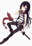  black_hair boots bracelet brown_eyes hair_ornament hairclip jeans jewelry katana long_hair original payot shiromiso sitting solo striped sword weapon 