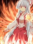  fire fujiwara_no_mokou outstretched_hand red_eyes standing suspenders touhou yoshi_(2kr2y) 
