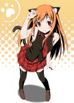  animal_ears brown_hair legs long_hair necktie original paw_pose red_eyes skirt solo tail thigh-highs thighhighs 