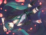  aqua_eyes aqua_hair bad_id from_above geoly hatsune_miku japanese_clothes kimono long_hair petals solo thigh-highs thighhighs twintails very_long_hair vocaloid water zettai_ryouiki 