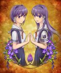  flower fujibayashi_kyou fujibayashi_ryou highres kaji_(ringo0502) long_hair school_uniform short_hair siblings sisters summer_uniform symmetry twins 