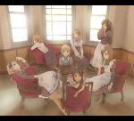  7girls axis_powers_hetalia belarus_(hetalia) belgium_(hetalia) black_hair blonde_hair blue_eyes brown_hair chair green_eyes hair_ornament hairband highres hungary_(hetalia) kk-jj letterboxed liechtenstein_(hetalia) long_hair maid multiple_girls purple_hair ribbon seychelles_(hetalia) short_hair sitting smile taiwan_(hetalia) twintails ukraine_(hetalia) window 