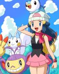  1girl backpack bag beanie blue_hair hat hikari_(pokemon) pachirisu piplup pokemoa pokemon pokemon_(anime) pokemon_(creature) poketch watch wristwatch 