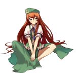  braid china_dress chinese_clothes hands_on_feet hat hong_meiling kansou_samehada kei_t_sr long_hair red_hair redhead simple_background sitting smirk touhou twin_braids v_arms 