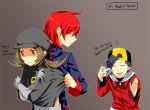  2boys alternate_costume camera english gold_(pokemon) gold_(pokemon)_(remake) grey_background hat kotone_(pokemon) multiple_boys obo pokemon pokemon_(game) pokemon_gsc pokemon_heartgold_and_soulsilver silver_(pokemon) silver_(pokemon)_(remake) spoilers team_rocket team_rocket_(cosplay) translated undressing 