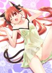  alternate_hairstyle animal_ears bare_shoulders bow bow_panties braid cat_ears cat_tail eretto extra_ears fang hair_bow kaenbyou_rin lingerie long_hair multiple_tails negligee open_mouth panties paw_print print_panties red_eyes red_hair redhead short_hair smile strap_slip tail touhou twin_braids twintails underwear wink 