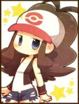  blue_eyes brown_hair hat kabulove pokemon pokemon_(game) pokemon_black_and_white pokemon_bw ponytail shorts simple_background solo star touko_(pokemon) vest wristband 