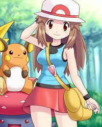  1girl bag between_breasts blue_(pokemon) hat holding holding_poke_ball leaf_(pokemon) long_hair poke_ball pokemoa pokemon pokemon_(creature) pokemon_(game) pokemon_rgby premier_ball raichu skirt vileplume vs_seeker 