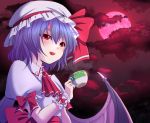  :d blue_hair brooch cloud clouds cup dress full_moon hat jewelry mimika_(puetilun) moon open_mouth puetilun red_eyes red_moon red_sky remilia_scarlet short_hair smile teacup touhou wings wrist_cuffs 