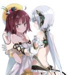  2girls atelier_(series) atelier_sophie backless_outfit bare_shoulders blush brown_eyes brown_hair detached_sleeves hair_ornament hand_on_another&#039;s_chin hat long_hair looking_away low_ponytail maromi_(am97) multiple_girls plachta puffy_short_sleeves puffy_sleeves revision shirt short_sleeves silver_hair smile sophie_neuenmuller very_long_hair yuri 
