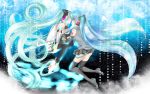  2girls aqua_hair barefoot belt blue blue_eyes detached_sleeves dual_persona elbow_gloves floating hatsune_miku headphones miku_append pleated_skirt thigh_boots twintails very_long_hair vocaloid vocaloid_append 