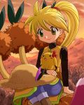  1girl dodrio hat pikachu pokemoa pokemon pokemon_(creature) pokemon_special ponytail straw_hat sunset yellow_(pokemon) 