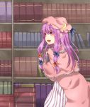  baniko_(37003700) book bookshelf bow crescent dress hair_bow hair_ribbon hat highres library long_hair patchouli_knowledge purple_eyes purple_hair ribbon solo touhou violet_eyes voile 