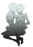  2boys bodysuit couple eye_contact hand_holding hand_on_shoulder holding ikari_shinji male monochrome nagisa_kaworu neon_genesis_evangelion nf05 plugsuit profile simple_background sitting smile yaoi 