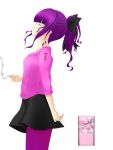  black_skirt cigarette cigarette_box kurose_kanata ponytail product_girl purple_hair purple_legwear short_ponytail skirt smoke smoking virginia_slims 