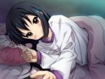  bed black_hair blurry blush brown_eyes depth_of_field foreshortening hair_down k-on! long_hair looking_at_viewer lying nakano_azusa on_side outstretched_arm outstretched_hand pajamas pillow pov pov_eye_contact reaching ryunnu smile solo 