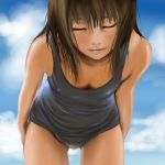  brown_hair closed_eyes cloud clouds down_blouse er_(artist) eyelashes hand_on_thigh leaning_forward lips lowres nose one-piece_swimsuit school_swimsuit sky smile solo swimsuit wet 