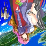  black_panties boots breasts cape cross-laced_footwear dress falcon flying gradient_hair high_heels highres hijiri_byakuren kado lace-up_boots large_breasts long_hair multicolored_hair panties scenery shoes sky smile solo thigh_boots thighhighs thighs touhou underwear yellow_eyes 